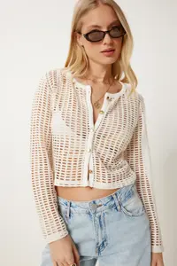 Happiness İstanbul Women's Cream Gold Buttoned Openwork Stretchy Knitted Jacket Cardigan - Image 2