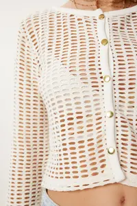 Happiness İstanbul Women's Cream Gold Buttoned Openwork Stretchy Knitted Jacket Cardigan - Image 3