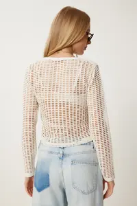 Happiness İstanbul Women's Cream Gold Buttoned Openwork Stretchy Knitted Jacket Cardigan - Image 4