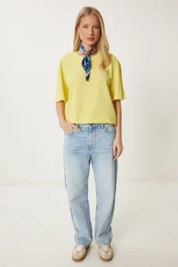 Happiness İstanbul Women Yellow Washable Basic Knitting T-Shirt