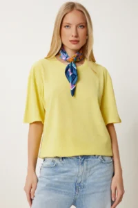 Happiness İstanbul Women Yellow Washable Basic Knitting T-Shirt - Image 2
