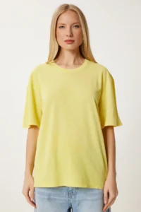 Happiness İstanbul Women Yellow Washable Basic Knitting T-Shirt - Image 3