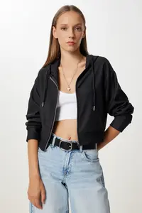 Happiness İstanbul Women's Black Hooded Zippered Knitted Sweatshirt - Image 2
