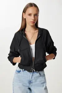 Happiness İstanbul Women's Black Hooded Zippered Knitted Sweatshirt - Image 3