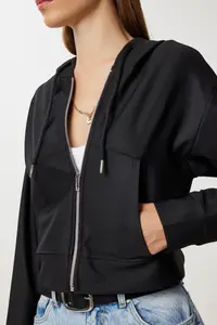 Happiness İstanbul Women's Black Hooded Zippered Knitted Sweatshirt - Image 4