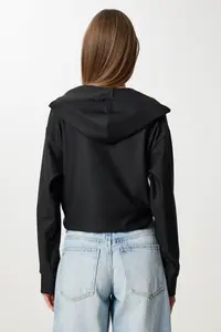 Happiness İstanbul Women's Black Hooded Zippered Knitted Sweatshirt - Image 5