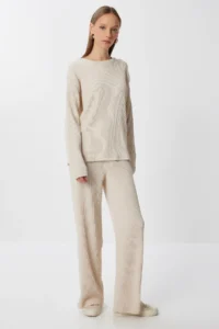 Happiness İstanbul Women Beige textured Flexible Knitting Top and Bottom Set