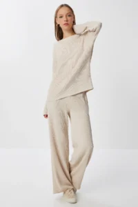 Happiness İstanbul Women Beige textured Flexible Knitting Top and Bottom Set - Image 2
