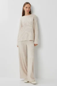 Happiness İstanbul Women Beige textured Flexible Knitting Top and Bottom Set - Image 3