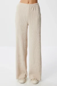 Happiness İstanbul Women Beige textured Flexible Knitting Top and Bottom Set - Image 5