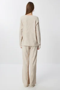 Happiness İstanbul Women Beige textured Flexible Knitting Top and Bottom Set - Image 8