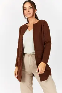 armonika Women Brown Stitched Waist LONG Jacket - Image 2