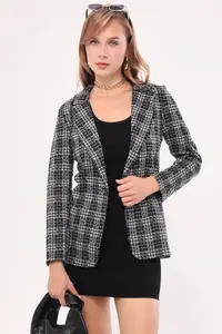 armonika Women's Gray Stamp Single Button Plaid Jacket