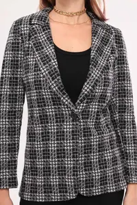 armonika Women's Gray Stamp Single Button Plaid Jacket - Image 2
