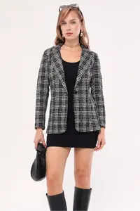 armonika Women's Gray Stamp Single Button Plaid Jacket - Image 3