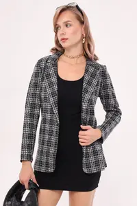 armonika Women's Gray Stamp Single Button Plaid Jacket - Image 4