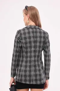 armonika Women's Gray Stamp Single Button Plaid Jacket - Image 5