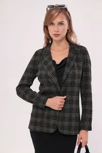 armonika Women's Khaki Stamp Single Button Plaid Jacket - Image 3
