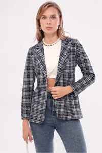 armonika Women's Navy Blue Single Button Plaid Jacket