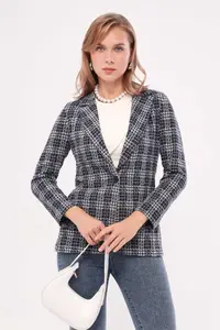 armonika Women's Navy Blue Single Button Plaid Jacket - Image 3