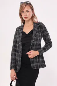 armonika Women Smoke Gray Tek buttoned Plaid Jacket