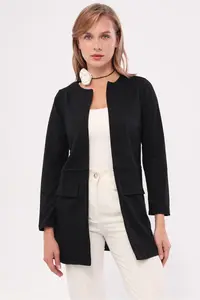 armonika Women Black Stitched Waist LONG Jacket