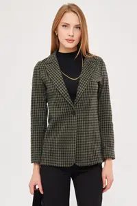 armonika Women's Khaki Houndstooth Pattern Single Button Jacket