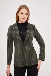 armonika Women's Khaki Houndstooth Pattern Single Button Jacket - Image 3
