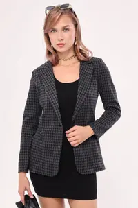 armonika Women's Smoked Houndstooth Pattern Single Button Jacket