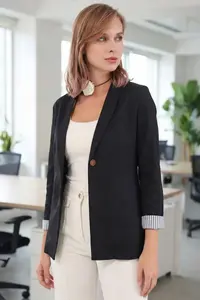 armonika Women's Black Inner Sleeve Striped Single Button Jacket