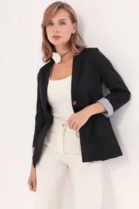 armonika Women's Black Inner Sleeve Striped Single Button Jacket - Image 5