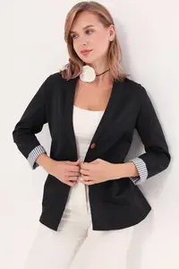 armonika Women's Black Inner Sleeve Striped Single Button Jacket - Image 7