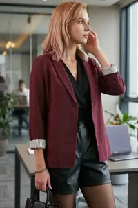 armonika Women's Claret Red Striped Inside Sleeve Single Button Jacket - Image 2