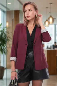 armonika Women's Claret Red Striped Inside Sleeve Single Button Jacket - Image 3