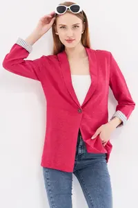 armonika Women's Dark Fuchsia Striped Inside Sleeve Single Button Jacket - Image 2