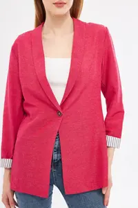 armonika Women's Dark Fuchsia Striped Inside Sleeve Single Button Jacket - Image 3