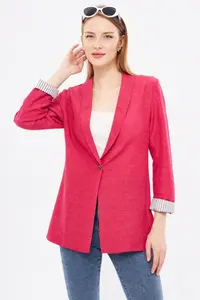 armonika Women's Dark Fuchsia Striped Inside Sleeve Single Button Jacket - Image 4