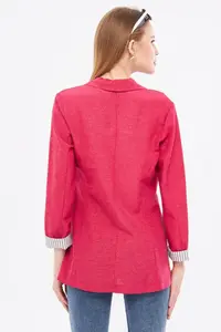 armonika Women's Dark Fuchsia Striped Inside Sleeve Single Button Jacket - Image 5