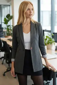 armonika Women's Dark Khaki Sleeve Inner Striped Single Button Jacket