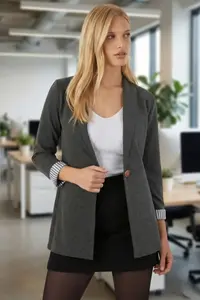 armonika Women's Dark Khaki Sleeve Inner Striped Single Button Jacket - Image 3