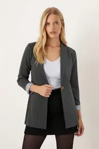 armonika Women's Dark Khaki Sleeve Inner Striped Single Button Jacket - Image 4