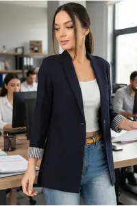 armonika Women's Dark Navy Blue Striped Inside Sleeve Single Button Jacket