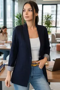 armonika Women's Dark Navy Blue Striped Inside Sleeve Single Button Jacket - Image 2
