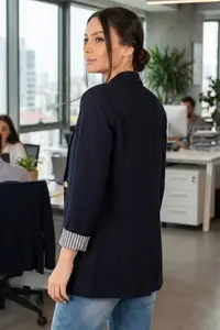 armonika Women's Dark Navy Blue Striped Inside Sleeve Single Button Jacket - Image 3