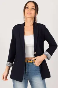 armonika Women's Dark Navy Blue Striped Inside Sleeve Single Button Jacket - Image 4