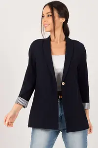 armonika Women's Dark Navy Blue Striped Inside Sleeve Single Button Jacket - Image 5