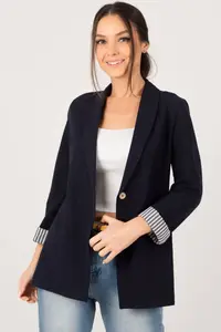 armonika Women's Dark Navy Blue Striped Inside Sleeve Single Button Jacket - Image 6