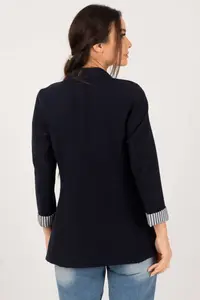 armonika Women's Dark Navy Blue Striped Inside Sleeve Single Button Jacket - Image 7