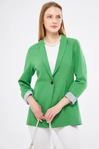 armonika Women's Light Green Striped Inside Sleeve Single Button Jacket