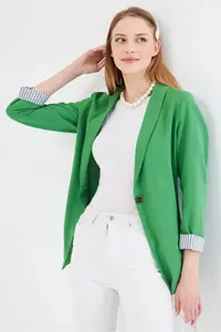 armonika Women's Light Green Striped Inside Sleeve Single Button Jacket - Image 2